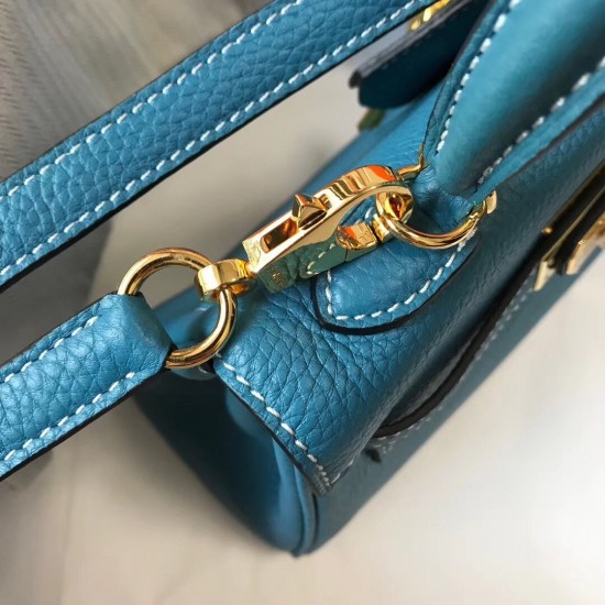 Hermes Mini Kelly 20cm Bag In Blue Jean Clemence Leather