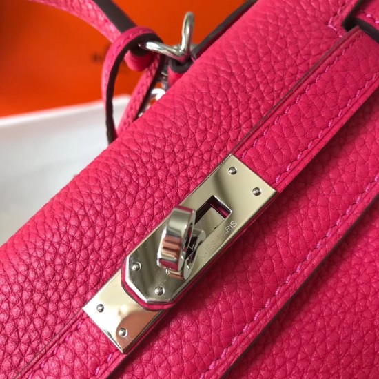 Hermes Mini Kelly 20cm Bag In Rose Red Clemence Leather