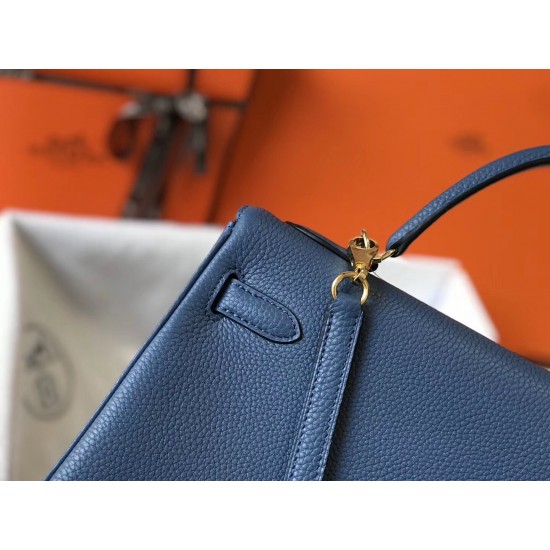 Hermes Kelly 32cm Retourne Bag In Blue Agate Clemence Leather