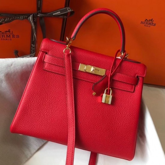 Hermes Kelly 32cm Retourne Bag In Red Clemence Leather