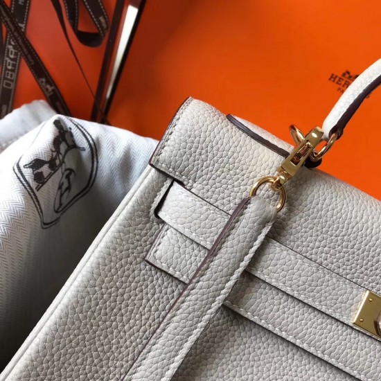 Hermes Kelly 32cm Retourne Bag In Pearl Grey Clemence Leather