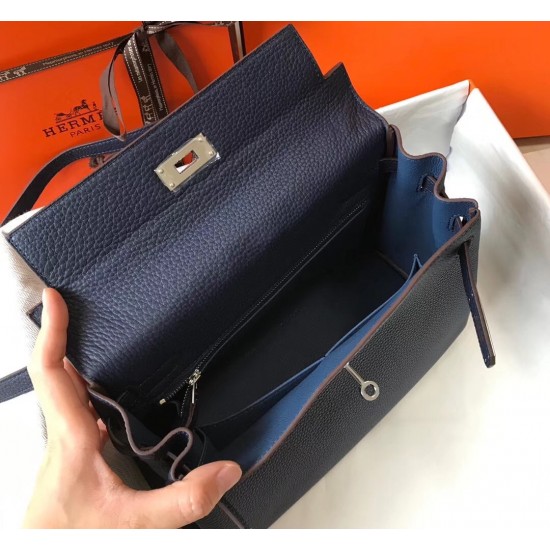 Hermes Kelly 32cm Retourne Bag In Navy Blue Clemence Leather