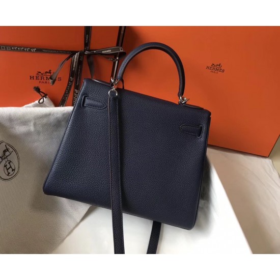 Hermes Kelly 32cm Retourne Bag In Navy Blue Clemence Leather