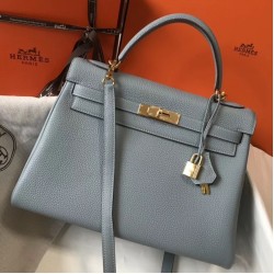 Hermes Kelly 32cm Retourne Bag In Blue Lin Clemence Leather