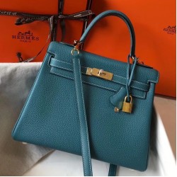 Hermes Kelly 32cm Retourne Bag In Blue Jean Clemence Leather