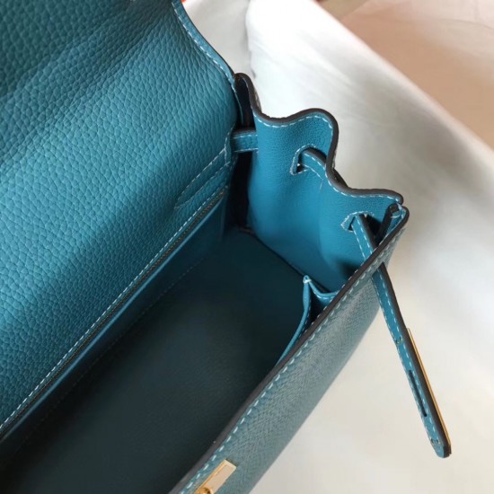 Hermes Kelly 32cm Retourne Bag In Blue Jean Clemence Leather