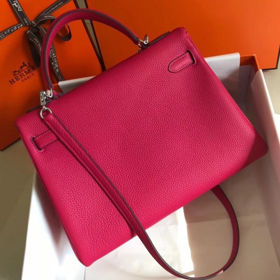 Hermes Kelly 32cm Retourne Bag In Rose Red Clemence Leather