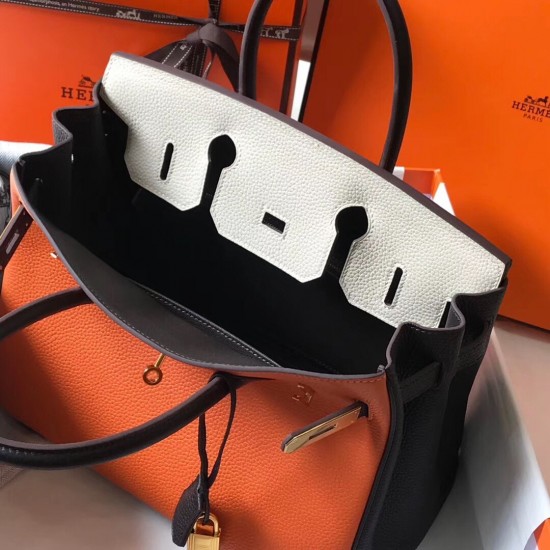 Hermes Tri-Color Birkin 30cm Bag In Orange/White/Black Clemence Leather