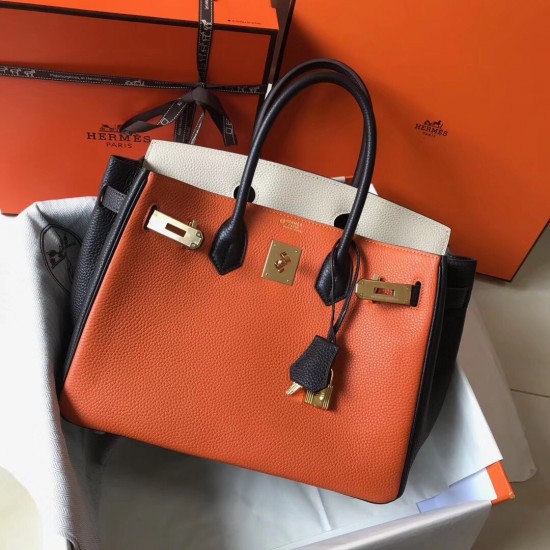 Hermes Tri-Color Birkin 30cm Bag In Orange/White/Black Clemence Leather