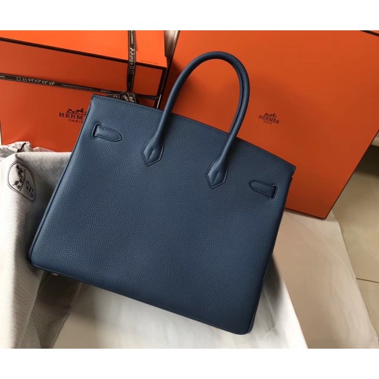 Hermes Birkin 35cm Bag In Blue Agate Clemence Leather