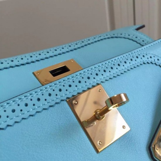 Hermes Kelly Ghillies 28cm In Light Blue Swift Leather