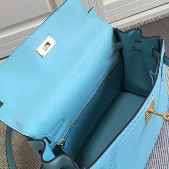 Hermes Kelly Ghillies 28cm In Light Blue Swift Leather