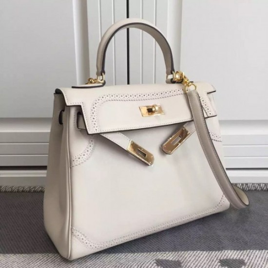 Hermes Kelly Ghillies 28cm In Ivory Swift Leather