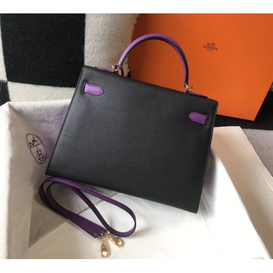 Hermes Bi-color Kelly 32cm Epsom Bag Black/Purple GHW