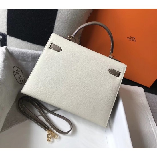 Hermes Bi-color Kelly 32cm Epsom Bag White/Taupe GHW