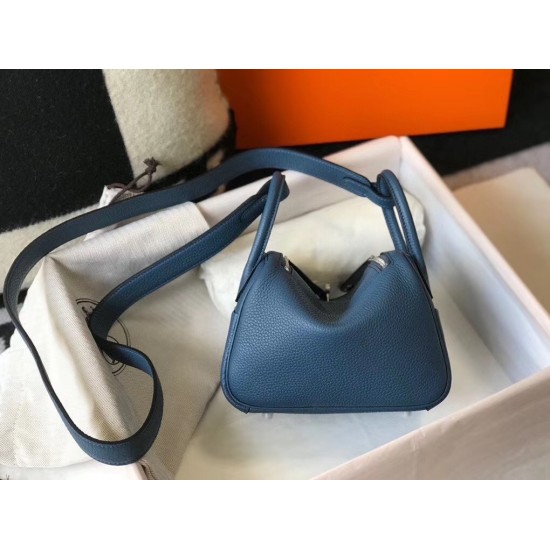 Hermes Lindy Mini Bag In Blue Agate Clemence Calfskin