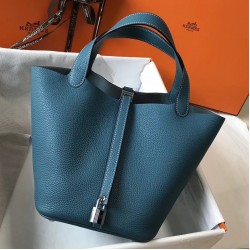 Hermes Picotin Lock 18 Bag In Blue Jean Clemence Leather