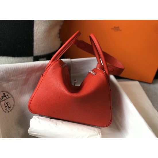 Hermes Lindy 26cm Bag In Red Clemence With PHW