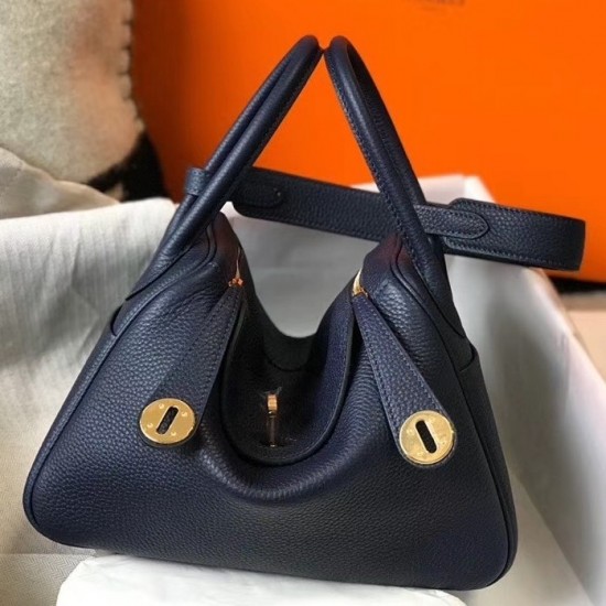 Hermes Lindy 26cm Bag In Navy Blue Clemence With GHW