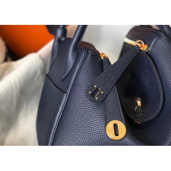 Hermes Lindy 26cm Bag In Navy Blue Clemence With GHW