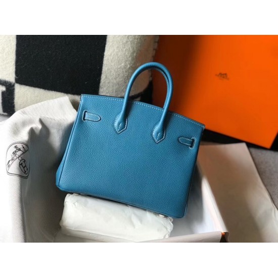 Hermes Birkin 25cm Bag In Blue Jean Clemence Leather