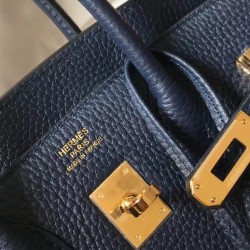 Hermes Birkin 25cm Bag In Navy Blue Clemence Leather