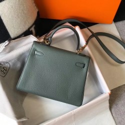 Hermes Kelly 25cm Retourne Bag In Vert Amande Clemence Leather