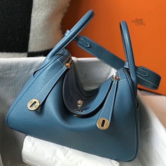 Hermes Blue Agate Clemence Lindy 30cm Bag with GHW