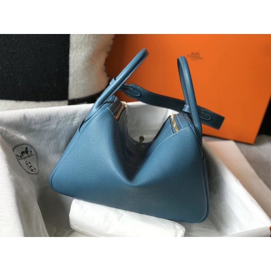 Hermes Blue Agate Clemence Lindy 30cm Bag with GHW