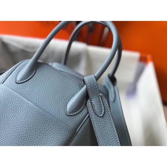 Hermes Blue Lin Clemence Lindy 30cm Bag with PHW