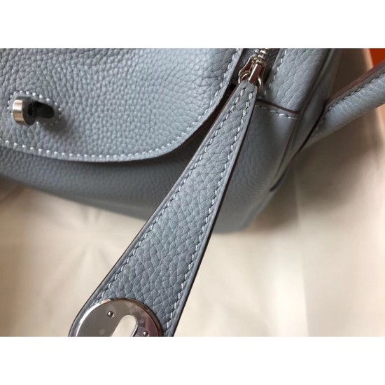 Hermes Blue Lin Clemence Lindy 30cm Bag with PHW