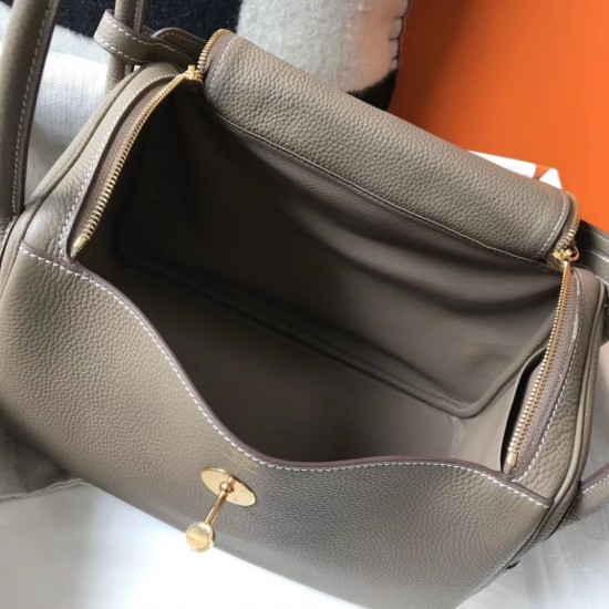 Hermes Taupe Grey Clemence Lindy 30cm Bag with GHW