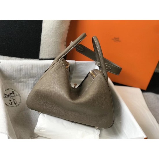 Hermes Taupe Grey Clemence Lindy 30cm Bag with GHW