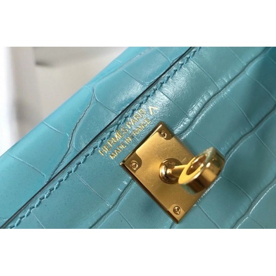 Hermes Kelly Mini II Bag In Blue Atoll Embossed Crocodile Leather