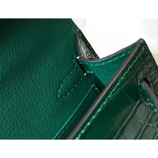 Hermes Kelly Mini II Bag In Green Embossed Crocodile Leather