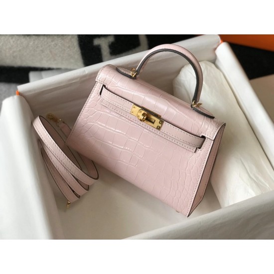 Hermes Kelly Mini II Bag In Rose Dragee Embossed Crocodile Leather