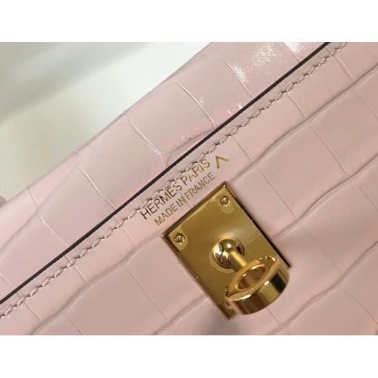 Hermes Kelly Mini II Bag In Rose Dragee Embossed Crocodile Leather