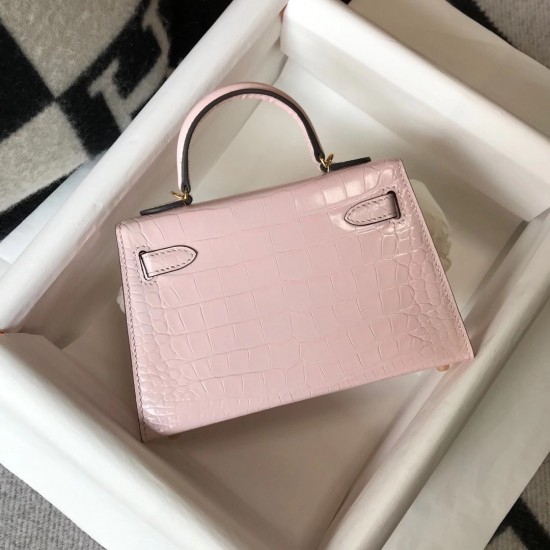 Hermes Kelly Mini II Bag In Rose Dragee Embossed Crocodile Leather