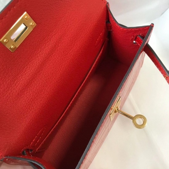 Hermes Kelly Mini II Bag In Red Embossed Crocodile Leather