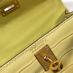 Hermes Kelly Mini II Bag In Jaune Poussin Embossed Crocodile Leather