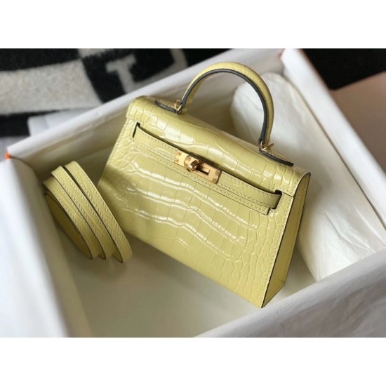 Hermes Kelly Mini II Bag In Jaune Poussin Embossed Crocodile Leather