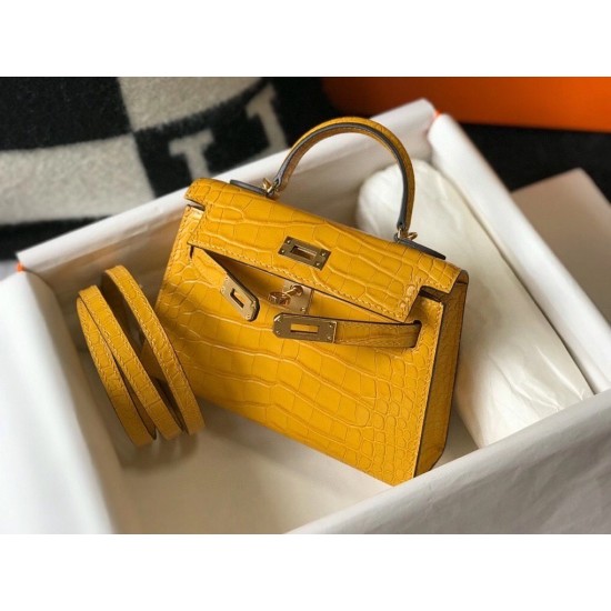 Hermes Kelly Mini II Bag In Yellow Embossed Crocodile Leather