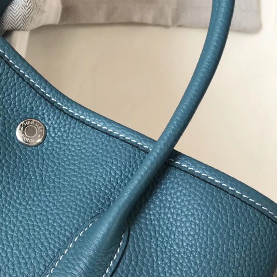 Hermes Garden Party 30 Bag In Blue Jean Clemence Calfskin