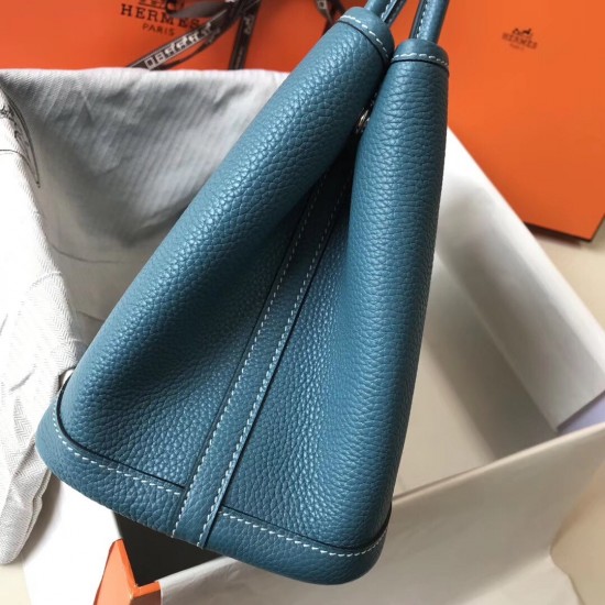 Hermes Garden Party 30 Bag In Blue Jean Clemence Calfskin