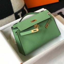 Hermes Kelly Pochette Bag In Vert Criquet Epsom Leather