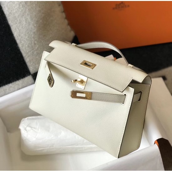 Hermes Kelly Pochette Bag In White Epsom Leather