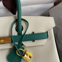 Hermes HSS Birkin 30 Bicolor Bag in Craie and Malachite Epsom Calfskin