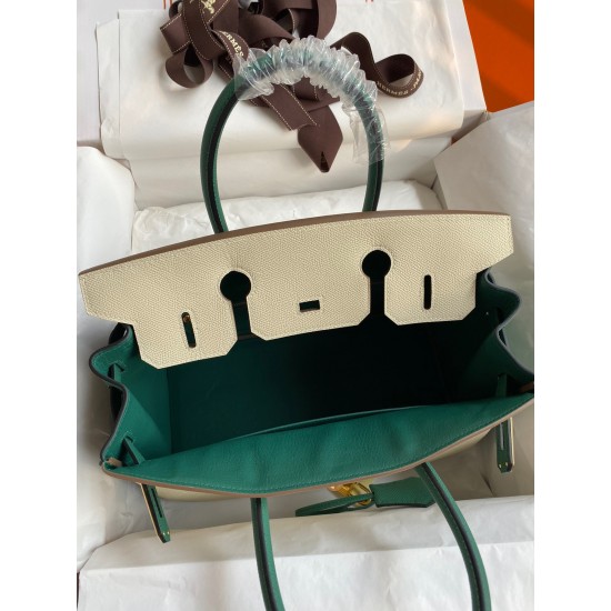 Hermes HSS Birkin 30 Bicolor Bag in Craie and Malachite Epsom Calfskin