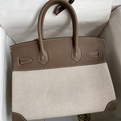 Hermes Birkin 30 Handmade Bag In Toile & Tourterelle Swift Leather