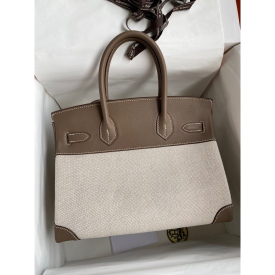 Hermes Birkin 30 Handmade Bag In Toile & Tourterelle Swift Leather